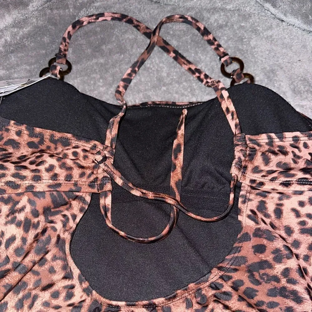 NWTs Time and Tru Leopard Double Ring Strap One Piece Swimsuit Size Large